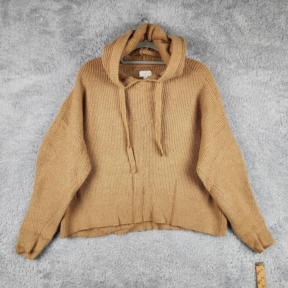 Lucky Brand Sweater Womens Large Beige Hooded Chunky Knit Pullover Relaxed Short